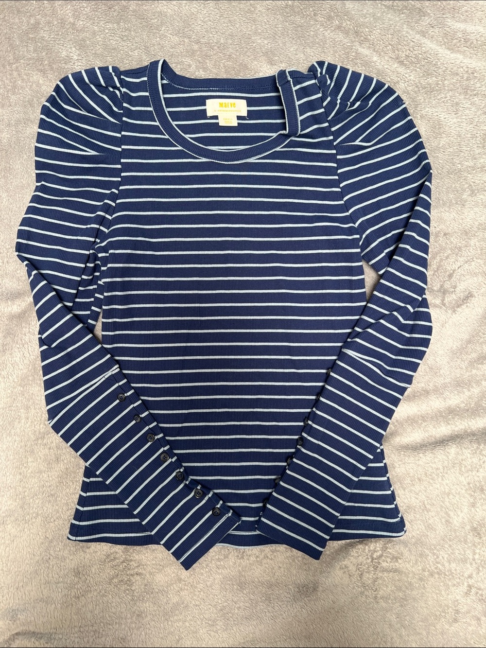 Maeve Navy and White Striped Puff-Sleeve Long Sleeve Tee ***small hole on sleeve